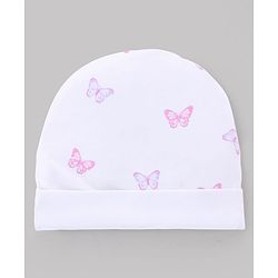 Babyhug 100% Cotton Interlock Knit Cap Mittens & Booties with Butterfly Print & Bow Applique White - Diameter 14 cm