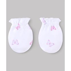 Babyhug 100% Cotton Interlock Knit Cap Mittens & Booties with Butterfly Print & Bow Applique White - Diameter 14 cm