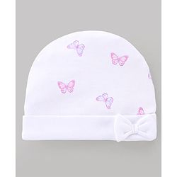 Babyhug 100% Cotton Interlock Knit Cap Mittens & Booties with Butterfly Print & Bow Applique White - Diameter 14 cm