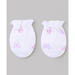 Babyhug 100% Cotton Interlock Knit Cap Mittens & Booties with Butterfly Print & Bow Applique White - Diameter 14 cm