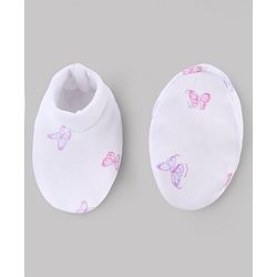 Babyhug 100% Cotton Interlock Knit Cap Mittens & Booties with Butterfly Print & Bow Applique White - Diameter 14 cm