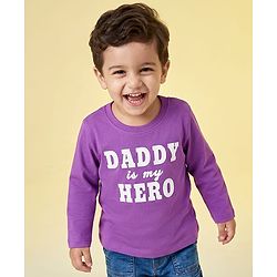 Babyhug 100% Cotton Knit Full Sleeves T-Shirt With Daddy Is My Hero Text Print - Purple