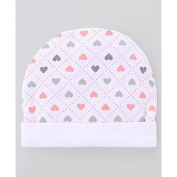 Babyhug 100% Cotton Interlock Knit Caps Mittens & Booties with Heart Print White - Diameter 16 cm