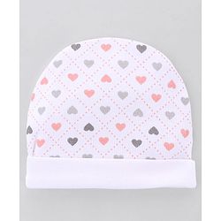 Babyhug 100% Cotton Interlock Knit Caps Mittens & Booties with Heart Print White - Diameter 16 cm