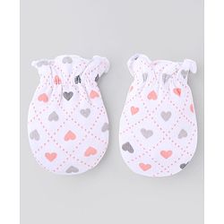 Babyhug 100% Cotton Interlock Knit Caps Mittens & Booties with Heart Print White - Diameter 16 cm