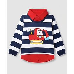 Babyhug 100% Cotton Knit Full Sleeves Striped T-Shirt with Attached Polo Shirt and Excavator Print - Red & Blue