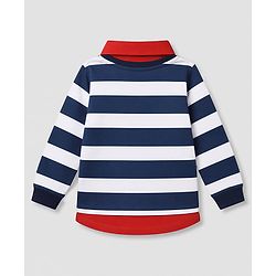 Babyhug 100% Cotton Knit Full Sleeves Striped T-Shirt with Attached Polo Shirt and Excavator Print - Red & Blue