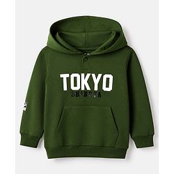 Babyhug 100% Cotton Terry Knit Full Sleeves Hooded Heavy Gauge Sweatshirt With Tokyo Text Print - Olive Green