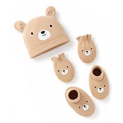 Babyhug 100% Cotton Interlock Knit Cap Mitten & Booties with Bear Print & Applique Tan - Diameter 19 cm