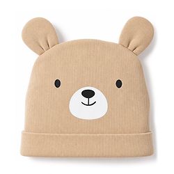 Babyhug 100% Cotton Interlock Knit Cap Mitten & Booties with Bear Print & Applique Tan - Diameter 19 cm