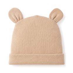 Babyhug 100% Cotton Interlock Knit Cap Mitten & Booties with Bear Print & Applique Tan - Diameter 19 cm