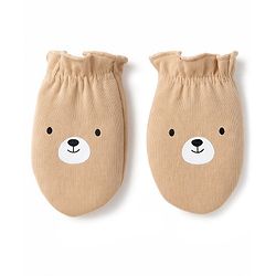 Babyhug 100% Cotton Interlock Knit Cap Mitten & Booties with Bear Print & Applique Tan - Diameter 19 cm