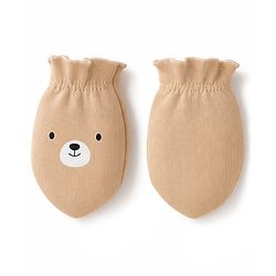 Babyhug 100% Cotton Interlock Knit Cap Mitten & Booties with Bear Print & Applique Tan - Diameter 19 cm