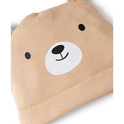 Babyhug 100% Cotton Interlock Knit Cap Mitten & Booties with Bear Print & Applique Tan - Diameter 19 cm
