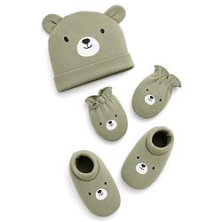 Babyhug 100% Cotton Interlock Knit Cap Mittens & Booties Set With Teddy Bear Print Olive Green - Diameter 11.5 cm
