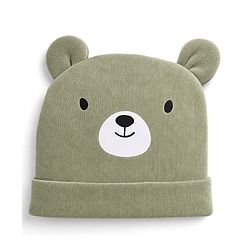 Babyhug 100% Cotton Interlock Knit Cap Mittens & Booties Set With Teddy Bear Print Olive Green - Diameter 11.5 cm