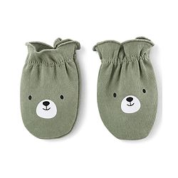 Babyhug 100% Cotton Interlock Knit Cap Mittens & Booties Set With Teddy Bear Print Olive Green - Diameter 11.5 cm