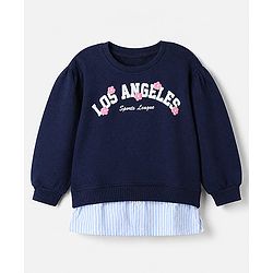 Babyhug 100% Cotton Heavy Gauge Terry Knit Full Sleeves Sweatshirt With Puffed Sleeves And Los Angeles Sports League Embroidery - Navy Blue
