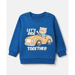 Babyhug 100% Cotton Heavy Gauge Terry Knit Sweatshirt with Full Sleeves and Let's Ride Together Text with Bear in Car Print - Blue