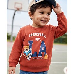 Babyhug Heavy Gauge 100% Cotton Terry Knit Sweatshirt with Full Sleeves and Basketball Print -Brown