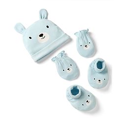 Babyhug 100% Cotton Interlock Knit Solid Cap Mittens & Booties With Bear Print Blue - Diameter 18 cm