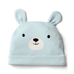 Babyhug 100% Cotton Interlock Knit Solid Cap Mittens & Booties With Bear Print Blue - Diameter 18 cm