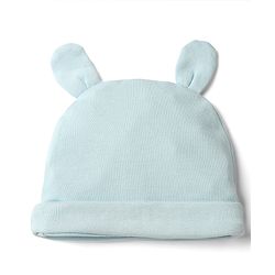 Babyhug 100% Cotton Interlock Knit Solid Cap Mittens & Booties With Bear Print Blue - Diameter 18 cm