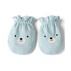 Babyhug 100% Cotton Interlock Knit Solid Cap Mittens & Booties With Bear Print Blue - Diameter 18 cm