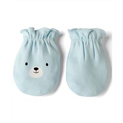 Babyhug 100% Cotton Interlock Knit Solid Cap Mittens & Booties With Bear Print Blue - Diameter 18 cm