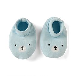 Babyhug 100% Cotton Interlock Knit Solid Cap Mittens & Booties With Bear Print Blue - Diameter 18 cm