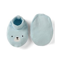 Babyhug 100% Cotton Interlock Knit Solid Cap Mittens & Booties With Bear Print Blue - Diameter 18 cm