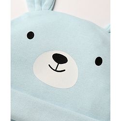 Babyhug 100% Cotton Interlock Knit Solid Cap Mittens & Booties With Bear Print Blue - Diameter 18 cm