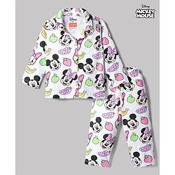 Babyhug Disney Single Jersey Knit Full Sleeves Co-Ords Shirt & Pyjama Night Suit with Minnie Mouse Graphics - White