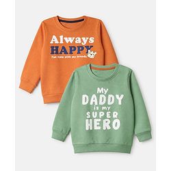 Babyhug 100% Cotton Heavy Gauge Terry Knit Sweatshirts with Full Sleeves and Always Happy Tiger & My Daddy is my Super Hero Text Print in Pack of 2 - Orange Light Green
