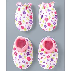 Babyhug 100% Cotton Interlock Knit Mittens & Booties Set With Floral Print - Pink