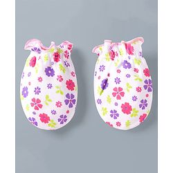 Babyhug 100% Cotton Interlock Knit Mittens & Booties Set With Floral Print - Pink