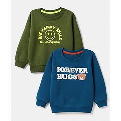 Babyhug Terry Knit Heavy Gauge Sweatshirts with Full Sleeves & Text Print Pack of 2 - Green & Blue