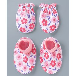 Babyhug 100% Cotton Interlock Knit Mittens & Booties Set With Floral Print - Pink