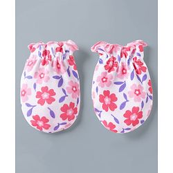 Babyhug 100% Cotton Interlock Knit Mittens & Booties Set With Floral Print - Pink
