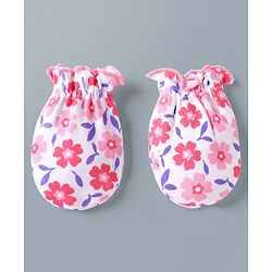 Babyhug 100% Cotton Interlock Knit Mittens & Booties Set With Floral Print - Pink