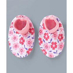 Babyhug 100% Cotton Interlock Knit Mittens & Booties Set With Floral Print - Pink
