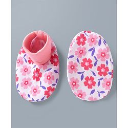 Babyhug 100% Cotton Interlock Knit Mittens & Booties Set With Floral Print - Pink