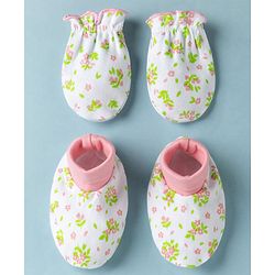 Babyhug 100% Cotton Interlock Knit Mittens & Booties Set With Floral Print - White