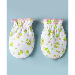 Babyhug 100% Cotton Interlock Knit Mittens & Booties Set With Floral Print - White