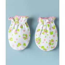 Babyhug 100% Cotton Interlock Knit Mittens & Booties Set With Floral Print - White