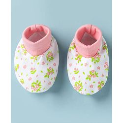Babyhug 100% Cotton Interlock Knit Mittens & Booties Set With Floral Print - White