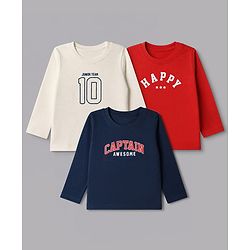 Babyhug 100% Cotton Knit Full Sleeves T-Shirts with Captain Text Print Pack of 3 - White Red & Navy Blue