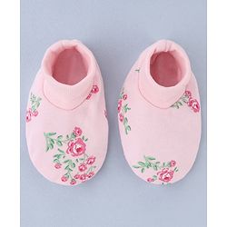 Babyhug 100% Cotton Interlock Knit Mittens and Booties Set With Floral Print - Pink
