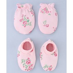 Babyhug 100% Cotton Interlock Knit Mittens and Booties Set With Floral Print - Pink