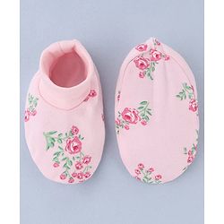 Babyhug 100% Cotton Interlock Knit Mittens and Booties Set With Floral Print - Pink